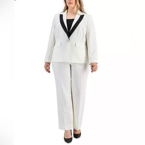 LE SUIT Plus Size Contrast-Trim Peak-Lapel Pantsuit Vanilla Ice/Black 18W